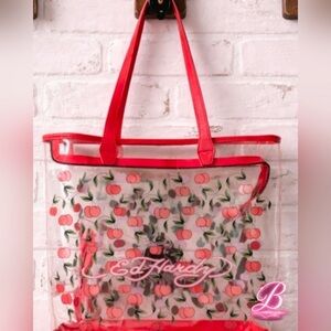 Ed Hardy Clear Tote with Peach Motif and Red Trim NWOT
